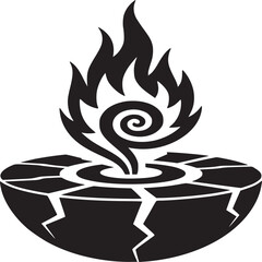 Dynamic cracked earth logo with swirling flame evoking power and destruction in simple black and white
