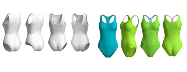 4 Women’s One-Piece Sport Swimsuit Mockups Front, Back, and Side Views, 3D Realistic Style