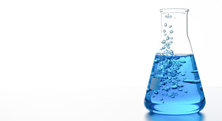 A blue liquid in a conical flask with bubbles on a white background.
