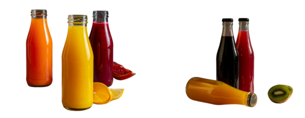  3 Mockups of Assorted Juice Bottles with 7 Flavor Options, Flat Lay and Standing Composition