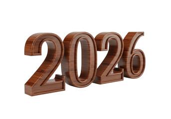 Rustic wooden 3d numbers representing the year 2026 isolated on transparent background