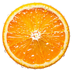 A fresh, juicy slice of a ripe orange covered in sparkling water droplets, isolated on a clean white background