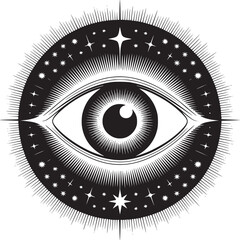 Mystical eye with stars, spiritual symbol for enlightenment and cosmic connection in black and white art