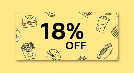 Mockup of a fast food promo coupon with 18% off discount on a yellow background featuring various food illustrations.