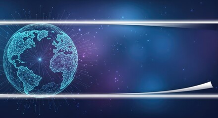A blue and white abstract digital globe with glowing lines and dots representing continents and oceans.