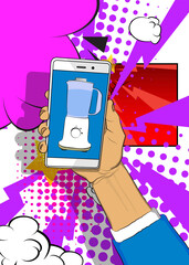 Cartoon Smartphone, comic book Telephone with Food Blender. Retro vector comics pop art design.