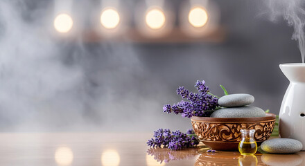 A wooden bowl with lavender flowers and a white ceramic diffuser on a wooden table with a gray background.