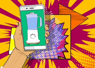 Cartoon Smartphone, comic book Telephone with Food Blender. Retro vector comics pop art design.