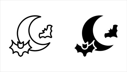 Bats and moon icon set, halloween and midnight, bats flying on the moon vector icon on white background
