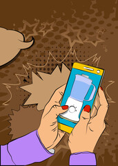 Cartoon Smartphone, comic book Telephone with Food Blender. Retro vector comics pop art design.
