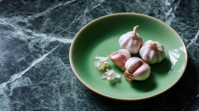 Fresh garlic bulbs on green plate on marble countertop
