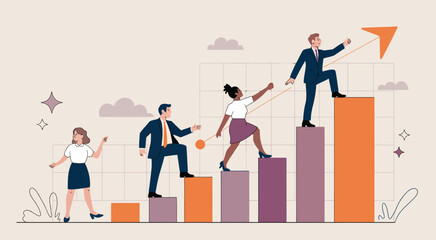 Business People Climbing Bar Graph Steps,  Vector Illustration of Career Growth, Development, and Success – Corporate Progress and Leadership Concept Design