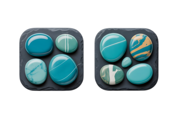 Two dark trays filled with smooth polished blue and green stones