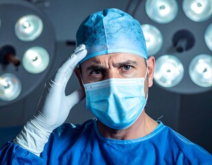 Close-up photo of a surgeon with gloved hand pressing against his temple. Their eyes show a hint of deep worry. The background is a slightly darker, intense operating room moment.