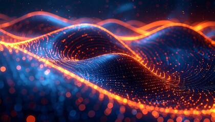 Abstract digital wavy lines with vibrant blue and orange glowing light