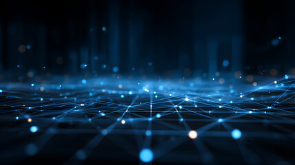 Abstract technology background, data flow, network connection concept. Digital technology grid, glowing lights on dark blue. Server, computer engineering, data science and storage.  Stock Illustration