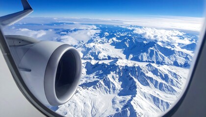 Aerial view from a plane window with snow-capped mountain range and jet engine