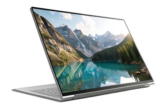 Open black laptop screen displaying internet data on a silver desktop, symbolizing mobile business communication in the snow and sky