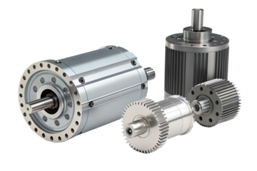 Isolated view of a powerful old car engine with steel parts and gear on a white background