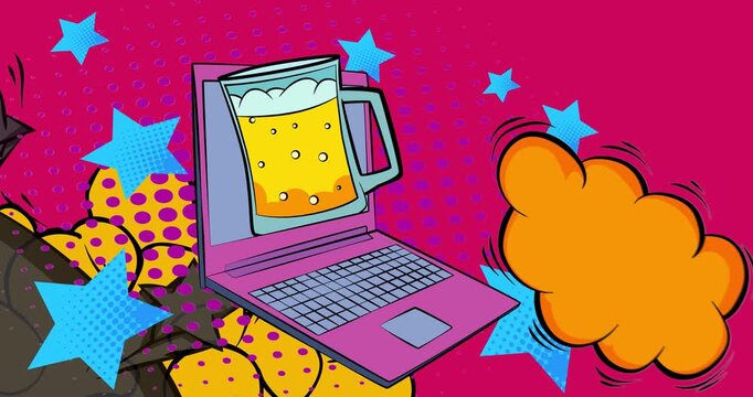 Cartoon Laptop, comic book Notebook with Beer glass. Retro cartoon comics pop art animation.
