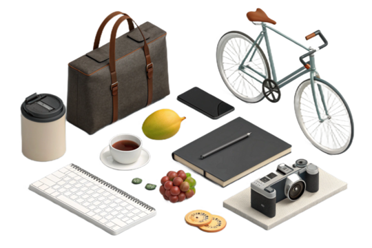 A set of different office objects on a desk including a laptop, coffee mug, and pen for work