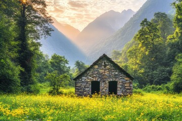 Rustic stone cabin nestled in a valley meadow bathed in golden sunrise light
