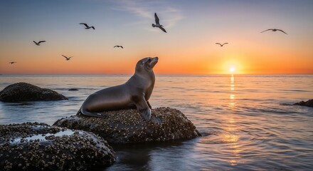 sea lions at sunset