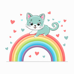 Adorable blue kitten standing on a vibrant rainbow with floating hearts.