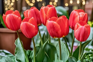 Close-up of vibrant red tulips in bloom