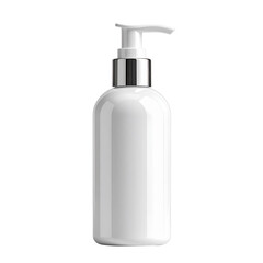 A sleek white cosmetic bottle featuring a pump dispenser with a silver chrome detail, presented as a clean product mockup on an isolated white background