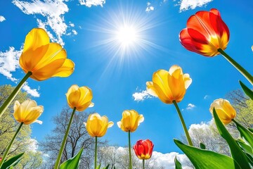 Obraz premium Spring tulips under a bright blue sky