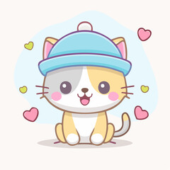 Adorable cartoon kitten wearing a blue hat with hearts around.