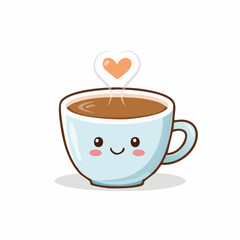 Adorable kawaii coffee cup character with a happy smiling face and a heart.