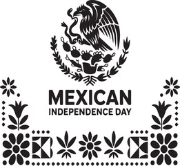 Fototapeta premium Black and white Mexican Independence Day graphic with national emblem and decorative elements Mexico