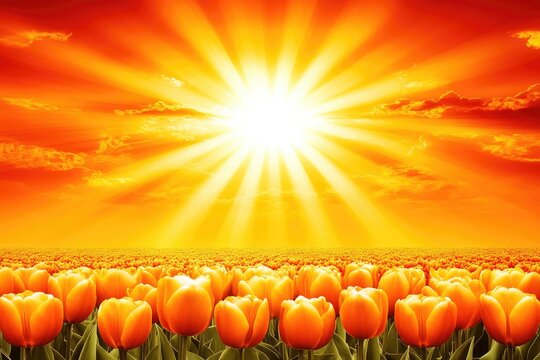 Vibrant orange tulips under a fiery sunset