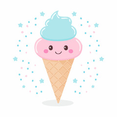 Adorable kawaii ice cream cone with a happy smiling face.