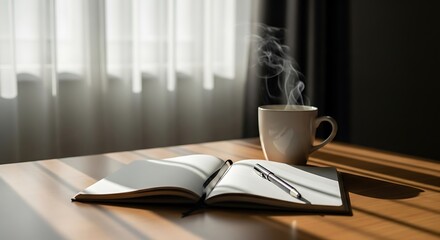 Serene Morning Workspace featuring a Notebook, Pen, and Steaming Cup. Perfect for illustrating productivity, journaling, or creating a cozy work-from-home aesthetic.