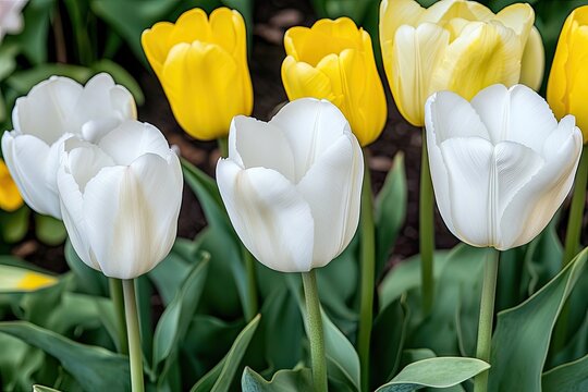 Close-up of white and yellow tulips in a garden bed - Powered by Adobe