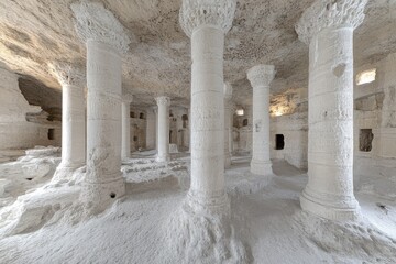 Ancient, carved white stone columns support a cavernous interior