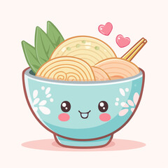 Adorable Kawaii Noodle Bowl with Happy Face and Hearts.
