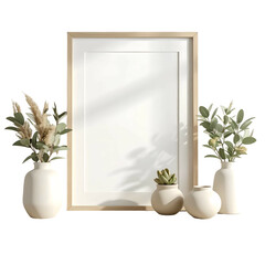 A vertical frame with blank space, flanked by vases of dried grass and foliage, on a dark background