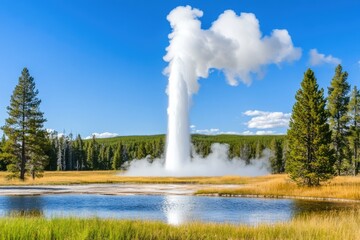 Geyser erupting over placid lake in a national park