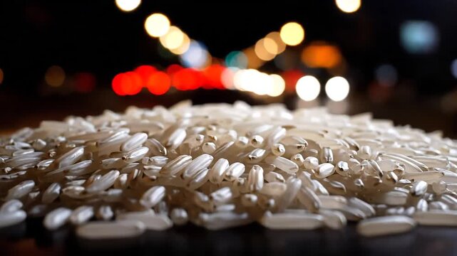 Close up of a pile of rice grains with bokeh background.