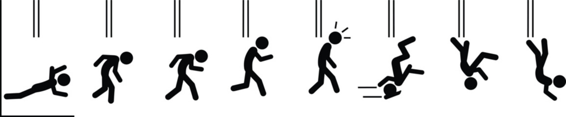 Falling person stick figure sequence illustration, man losing balance motion stages, gravity accident danger concept, human slip failure vector silhouette pictogram design