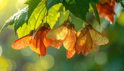 Close-up of maple tree seeds lit by sunlight, blurred background