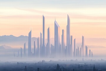 Futuristic city skyline at dawn, hazy atmosphere