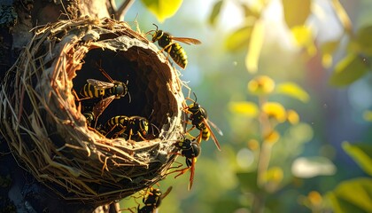 Close-up of a wasp nest with multiple wasps clustered around it