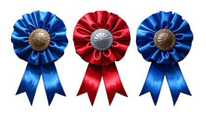 This blue ribbon rosette with red and blue ribbons is a vector icon of a first prize winner award medal symbol of success and achievement on white background