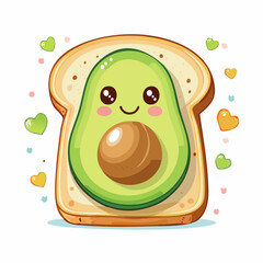 Cute avocado toast with a happy face on white background.