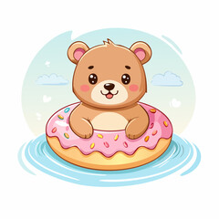 Cute Bear Floating in Donut Pool Float Cartoon Illustration.